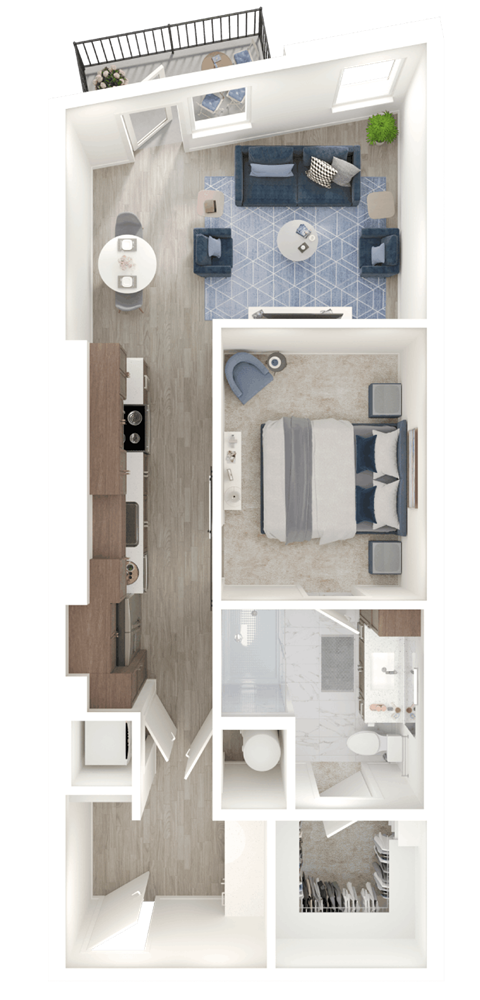 Floor plan for 1 bed, 1 bath, 733 sqft